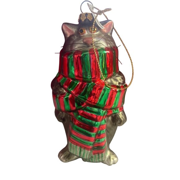 Vintage Kurt Adler Linnea Riley Glass Gray Cat Scarf Ornament Art Inst Chicago - Picture 1 of 7
